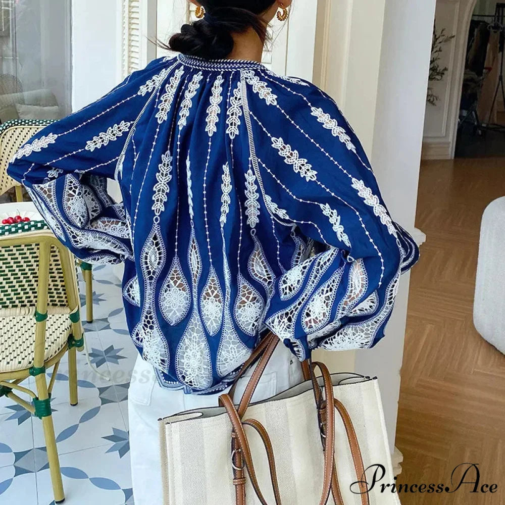 Navy Stitched Lantern Sleeve Ethnic Boho Top