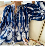 Navy Stitched Lantern Sleeve Ethnic Boho Top