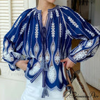 Navy Stitched Lantern Sleeve Ethnic Boho Top