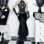 Neo-Chinese Style Vintage Plant Print Flocking Backless Crop Top