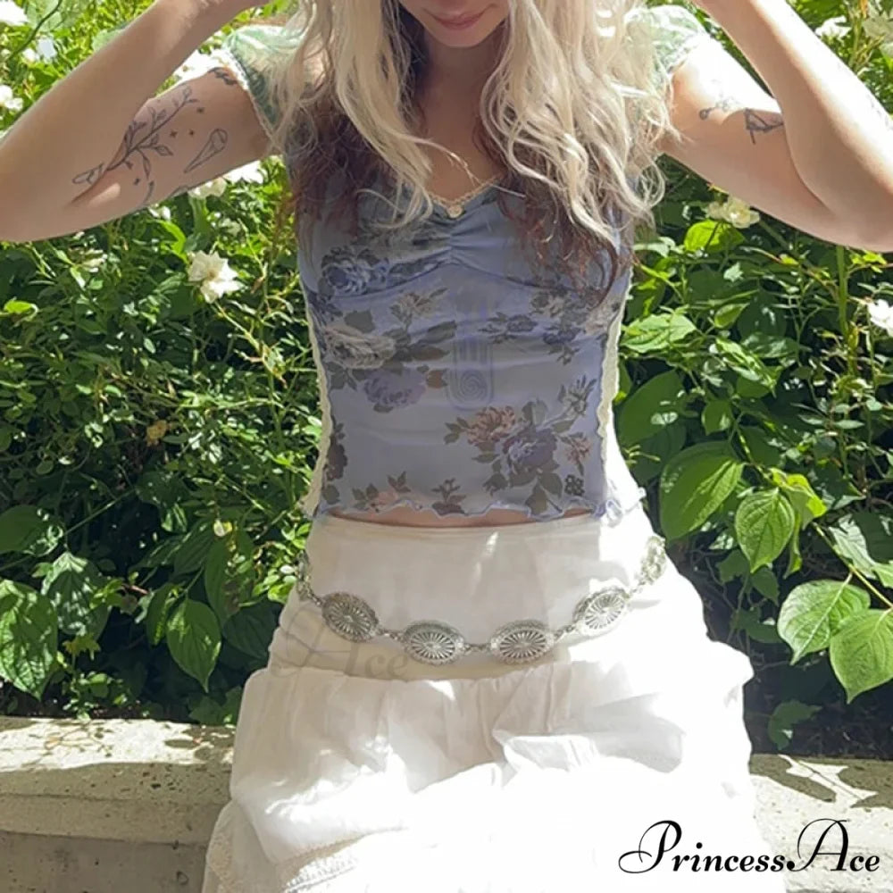 Net Floral Square Crop Top