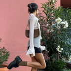 Net Transparent Flare Sleeve Cropped Top