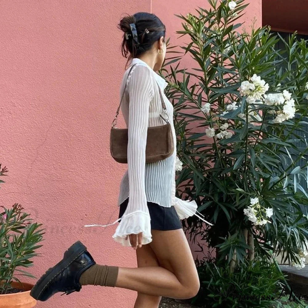 Net Transparent Flare Sleeve Cropped Top