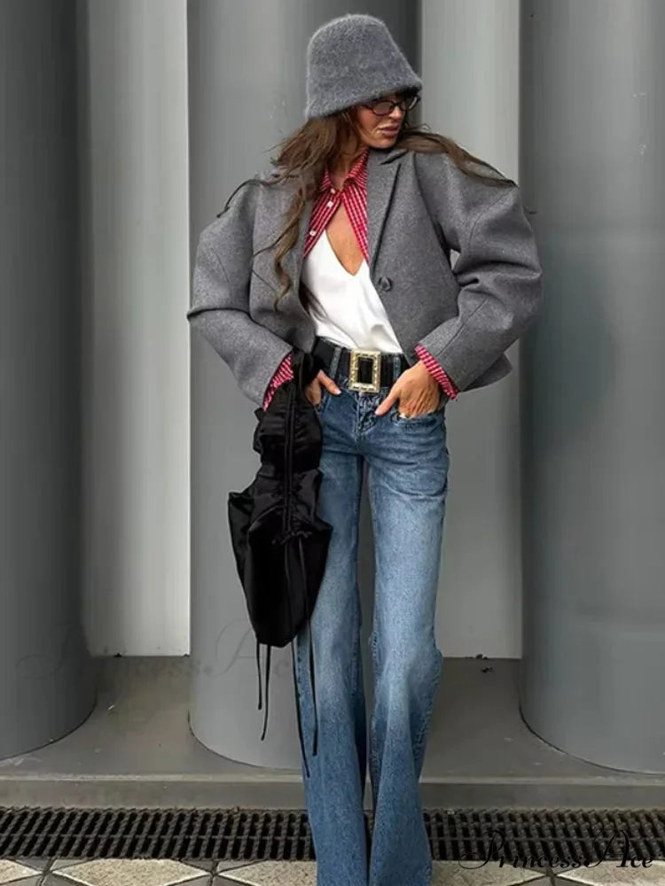 Neutral Puff Sleeve Cropped Jacket