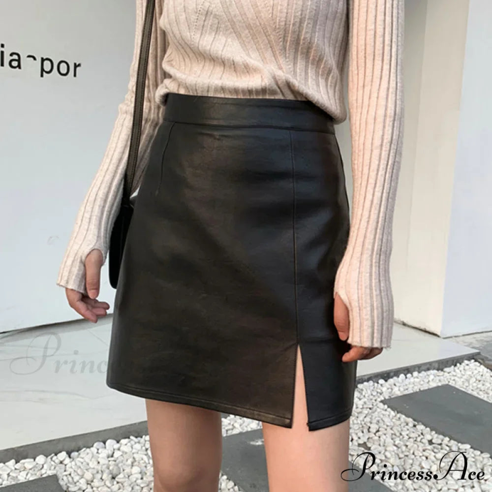 New A- line Slit Leather Skirt