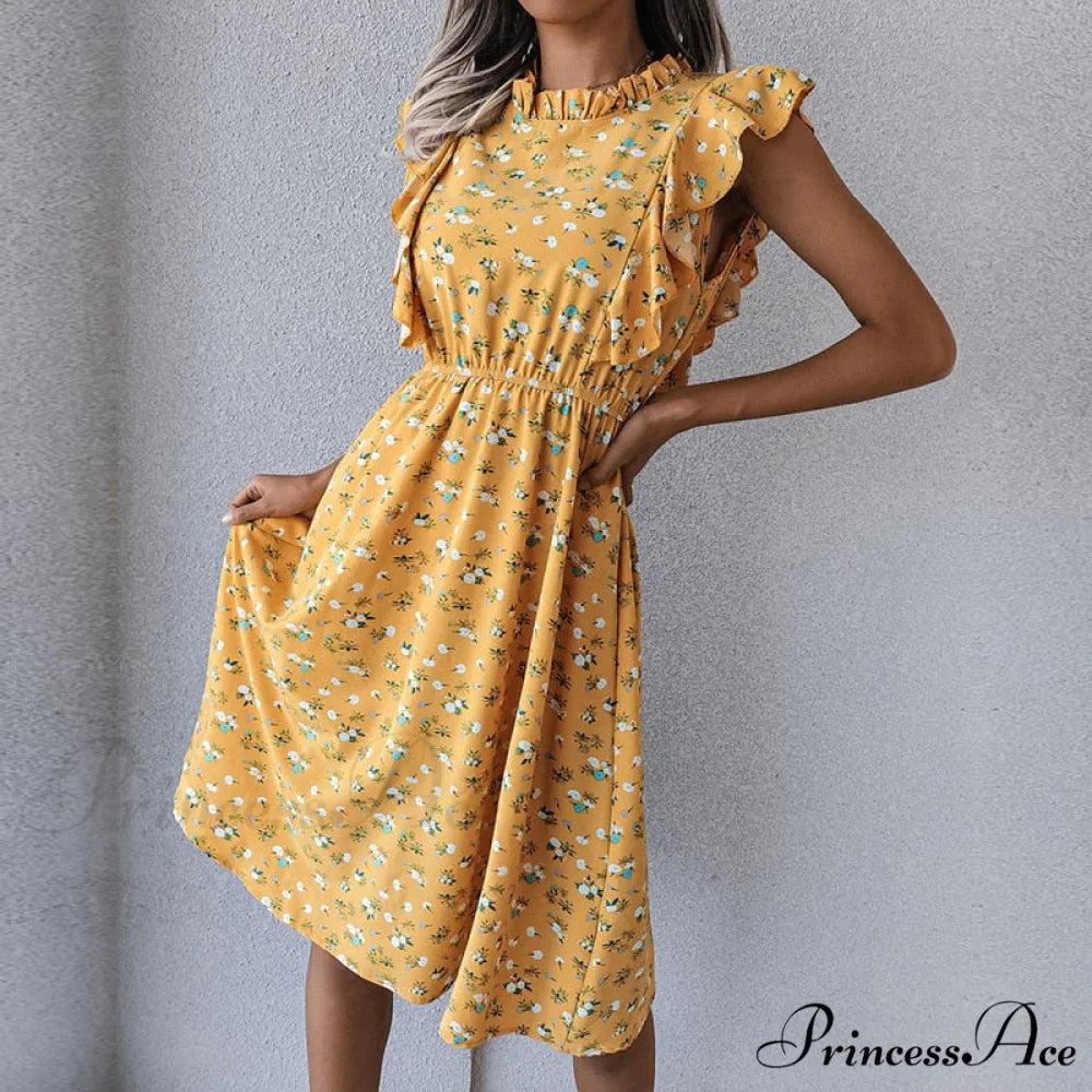 New Butterfly Sleeve Ruffles Medium Long Dress