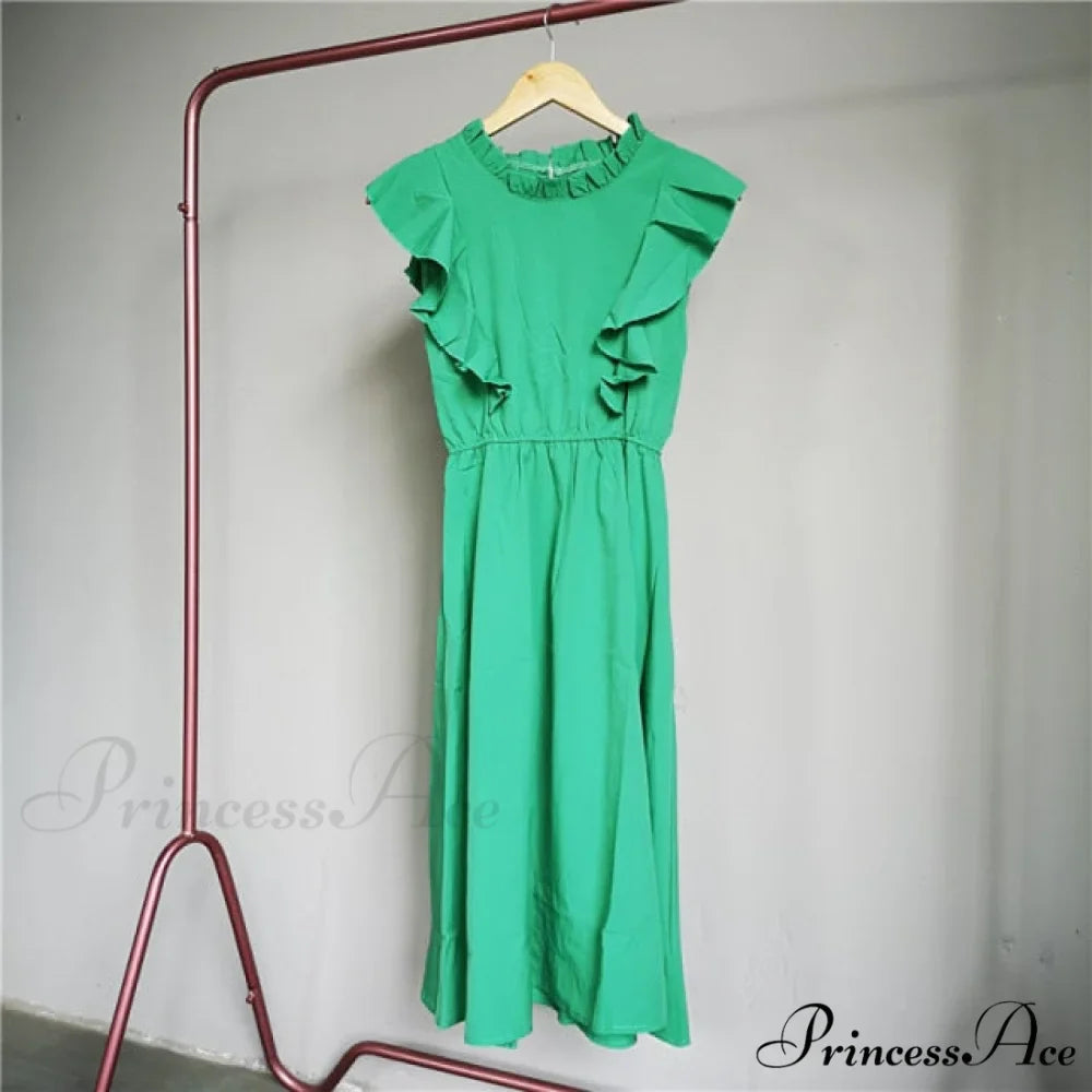 New Butterfly Sleeve Ruffles Medium Long Dress