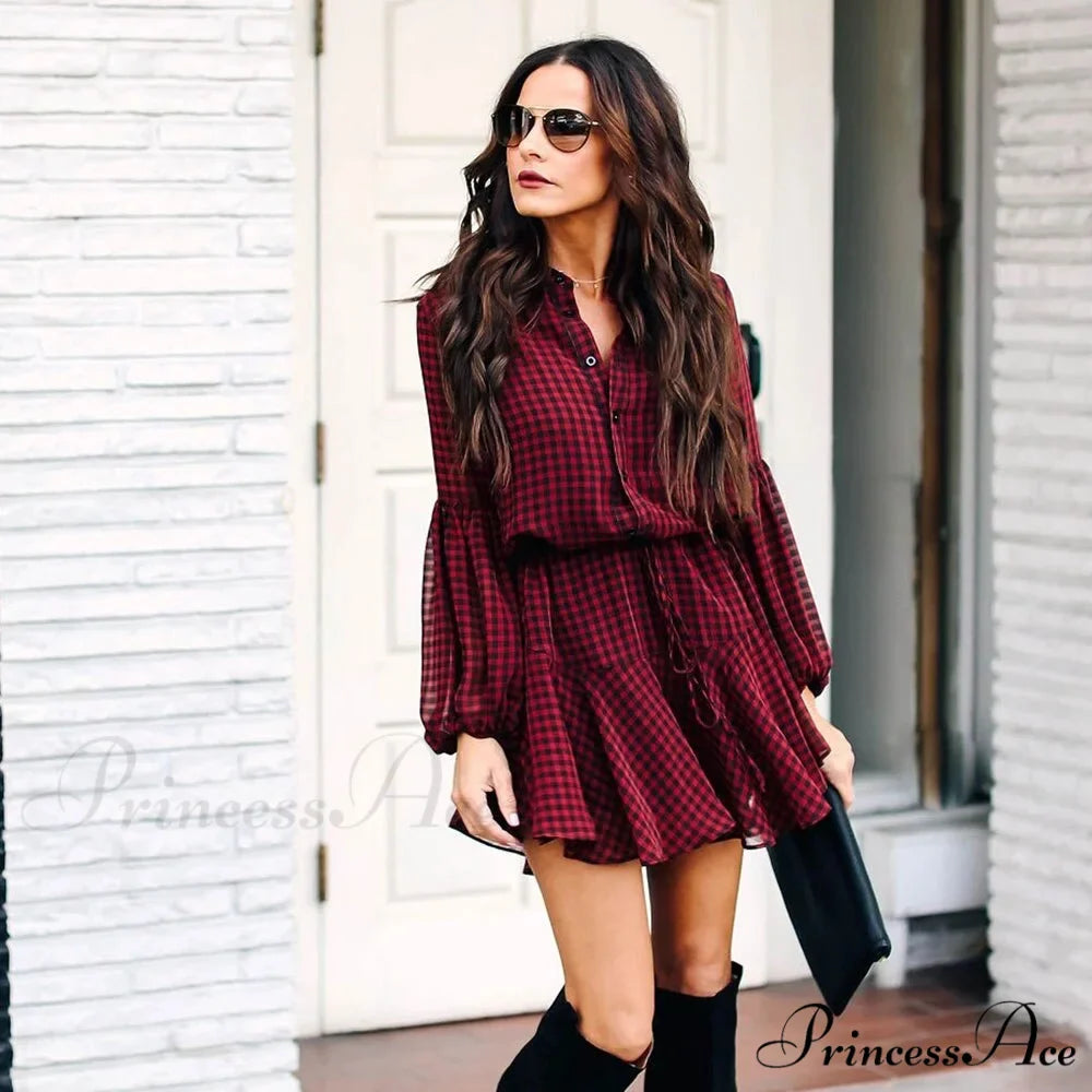 New Cotton Casual Fashion Lantern Sleeve Plaid Check Dress