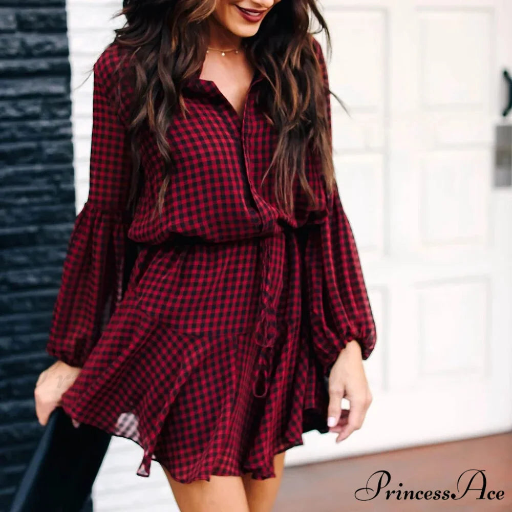 New Cotton Casual Fashion Lantern Sleeve Plaid Check Dress