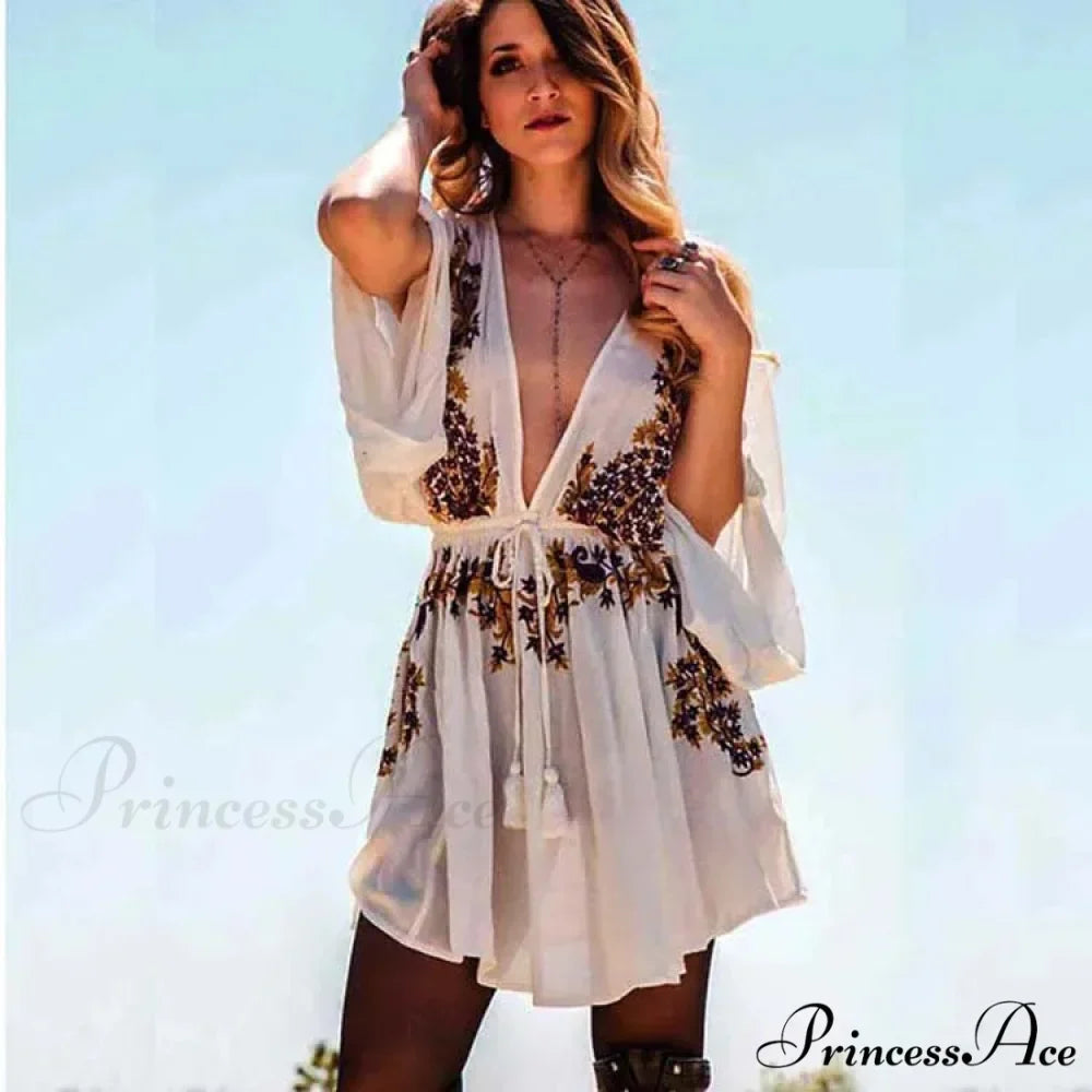 New Flowery Stitching Boho Dress Seductive Seaside Dress Deep Plunging-neckline Mini Celebration
