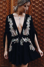 New Flowery Stitching Boho Dress Seductive Seaside Dress Deep Plunging-neckline Mini Celebration