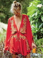 New Flowery Stitching Boho Dress Seductive Seaside Dress Deep Plunging-neckline Mini Celebration