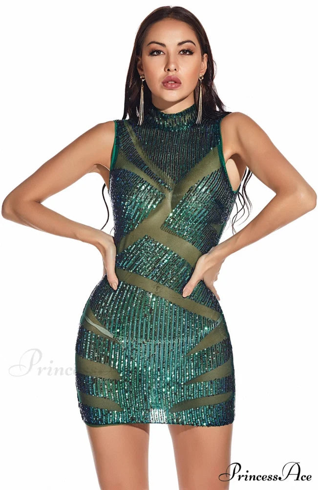 New Formal Sequin Charming Stand Collar Mini Dress
