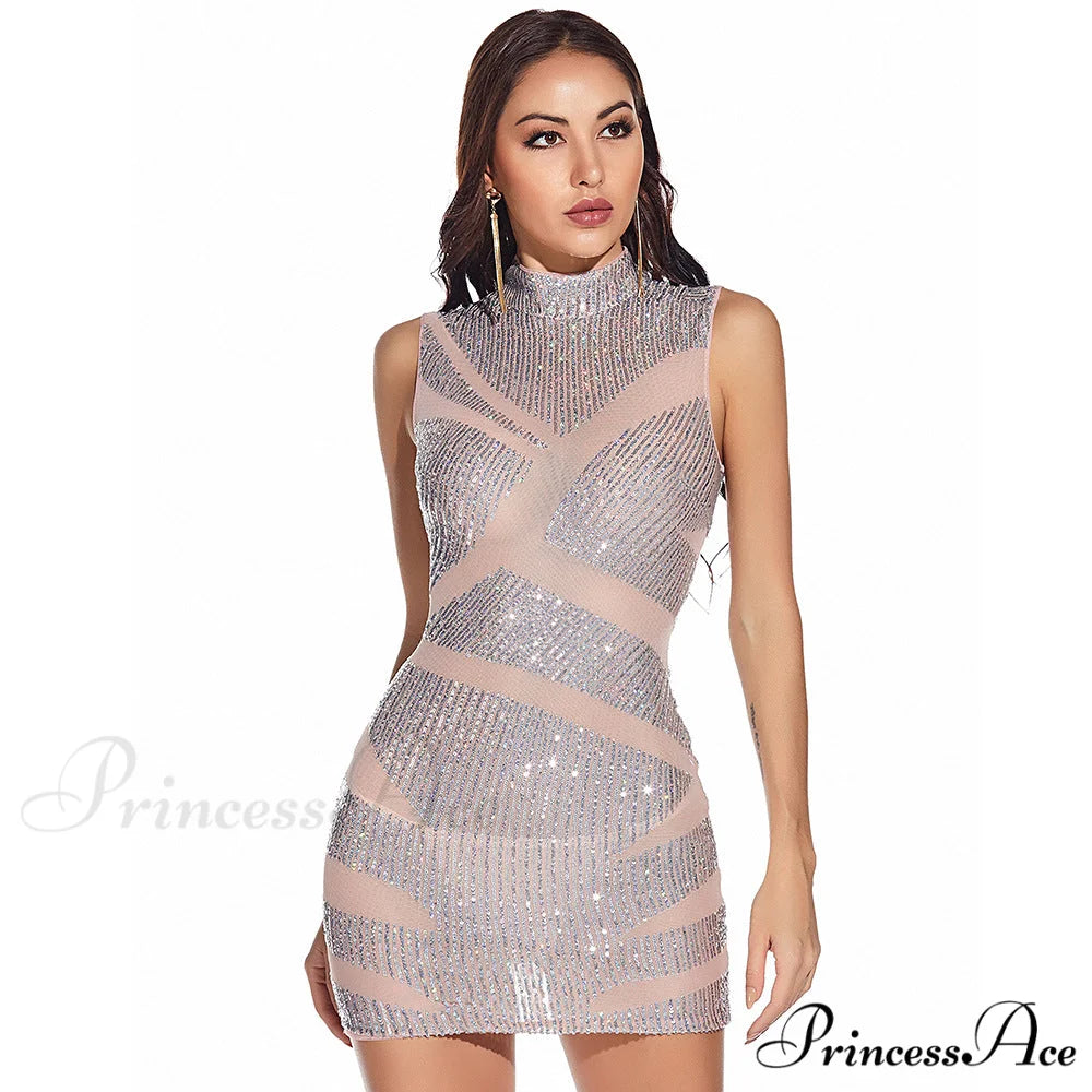 New Formal Sequin Charming Stand Collar Mini Dress