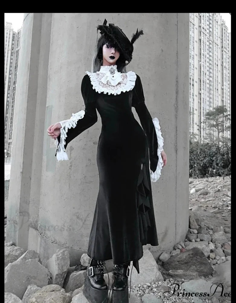 New Original Design Japanese Vintage Black Dress Lace Patch Turtleneck Trumpet Long Flare Sleeve Gothic Dress