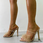 New Pink Fluffy Feather Peep-Toe Mules SexyFashionable Platform Slippers High Heel
