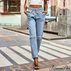 New Ripped Drawstring Elastic Waist Vintage Casual Fashion Baggy Denim Jean