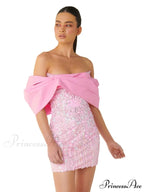 New Sexy Off Shoulder Sequins Pink Slash Neck Sparkly Elegant Christmas Party Dress