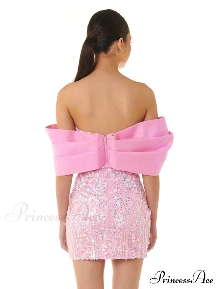 New Sexy Off Shoulder Sequins Pink Slash Neck Sparkly Elegant Christmas Party Dress
