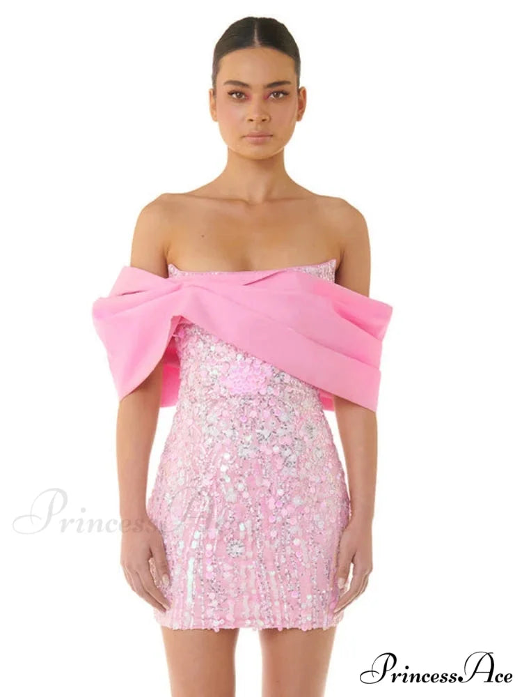 New Sexy Off Shoulder Sequins Pink Slash Neck Sparkly Elegant Christmas Party Dress