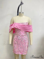 New Sexy Off Shoulder Sequins Pink Slash Neck Sparkly Elegant Christmas Party Dress