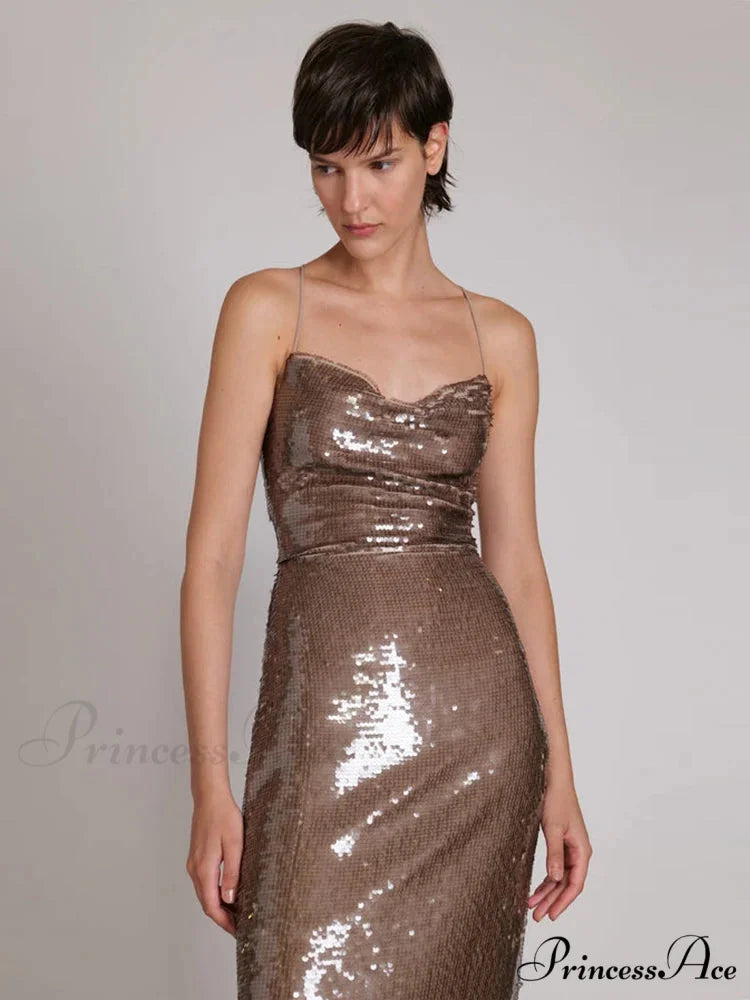 New Sexy Sleeveless Backless Lace-up Slim Long Dress Bright Sequins Christmas Party Dress