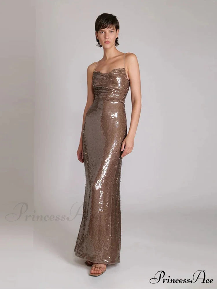 New Sexy Sleeveless Backless Lace-up Slim Long Dress Bright Sequins Christmas Party Dress