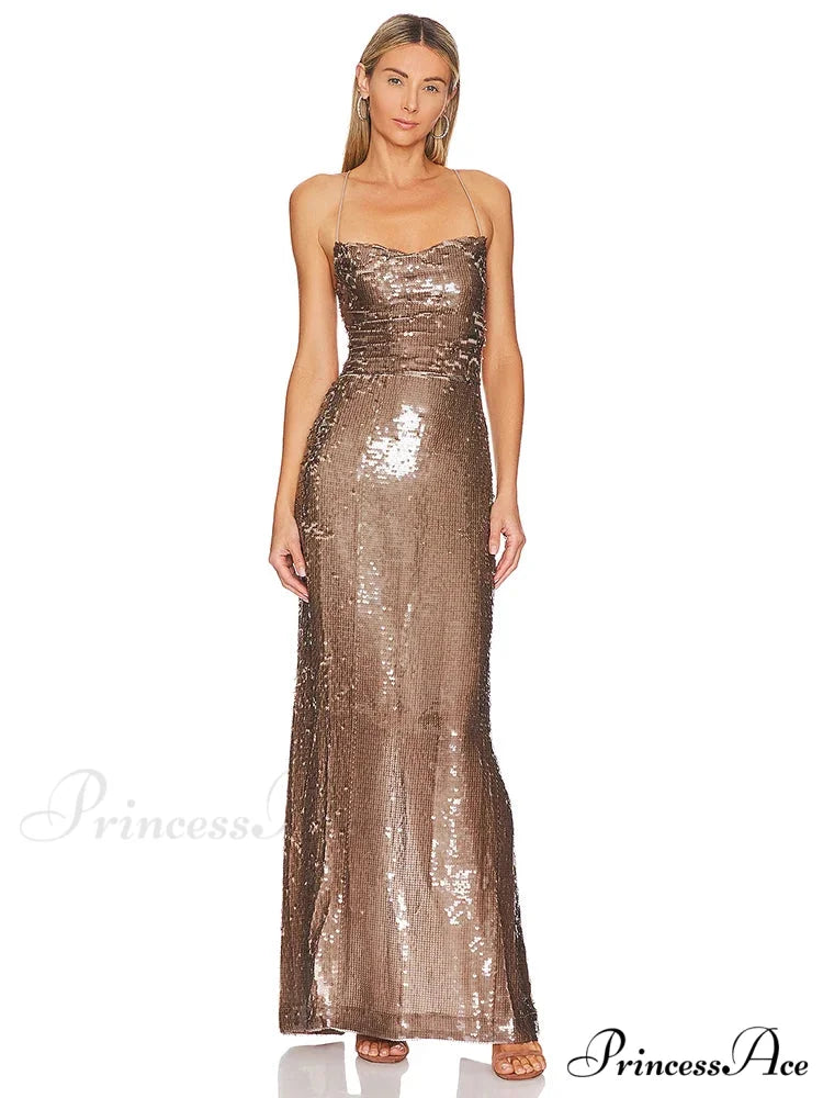 New Sexy Sleeveless Backless Lace-up Slim Long Dress Bright Sequins Christmas Party Dress