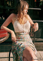 New Specialized Color Pleated Blue Floral High Waist Chiffon A-Line Midi Skirt