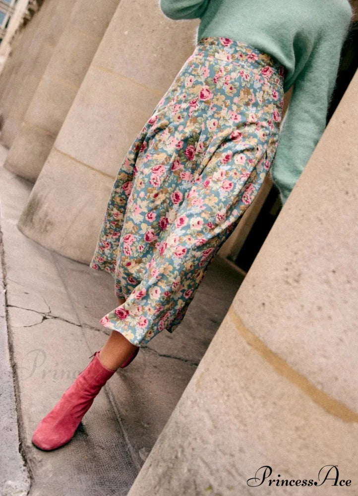 New Specialized Color Pleated Blue Floral High Waist Chiffon A-Line Midi Skirt