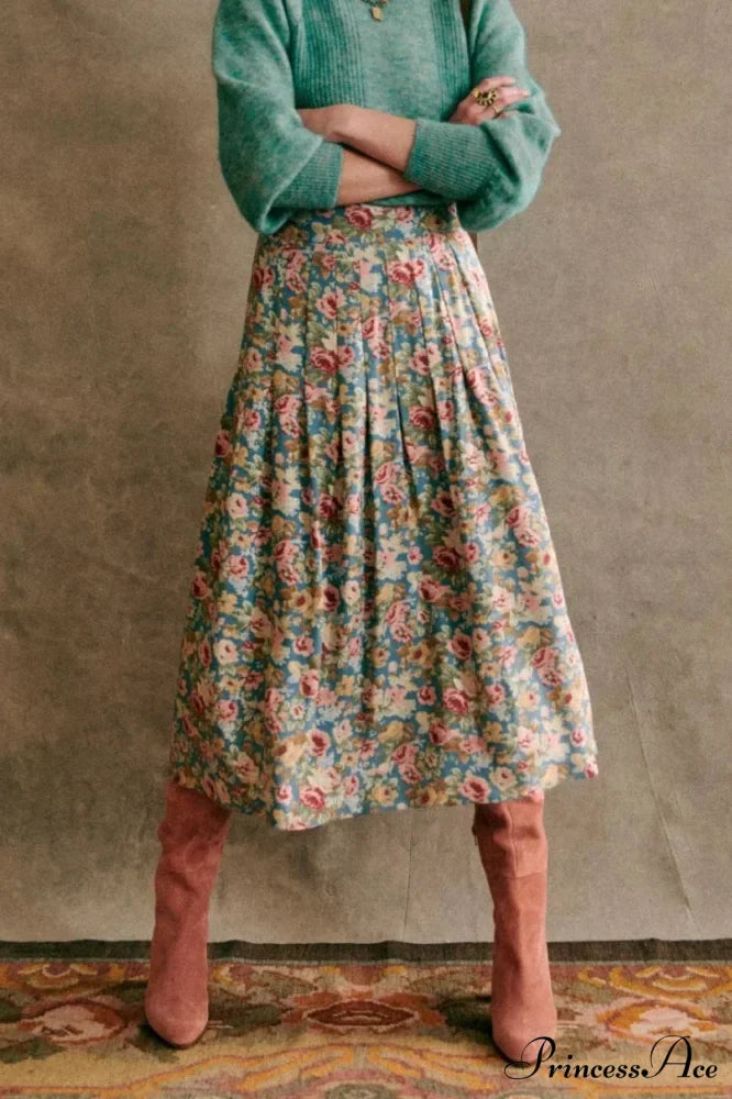 New Specialized Color Pleated Blue Floral High Waist Chiffon A-Line Midi Skirt