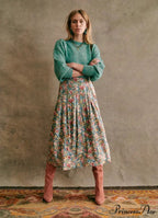 New Specialized Color Pleated Blue Floral High Waist Chiffon A-Line Midi Skirt