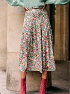 New Specialized Color Pleated Blue Floral High Waist Chiffon A-Line Midi Skirt