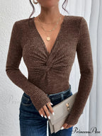 New Style Kink Low-Cut Monochrome Slim Sweater Top Women