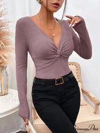 New Style Kink Low-Cut Monochrome Slim Sweater Top Women