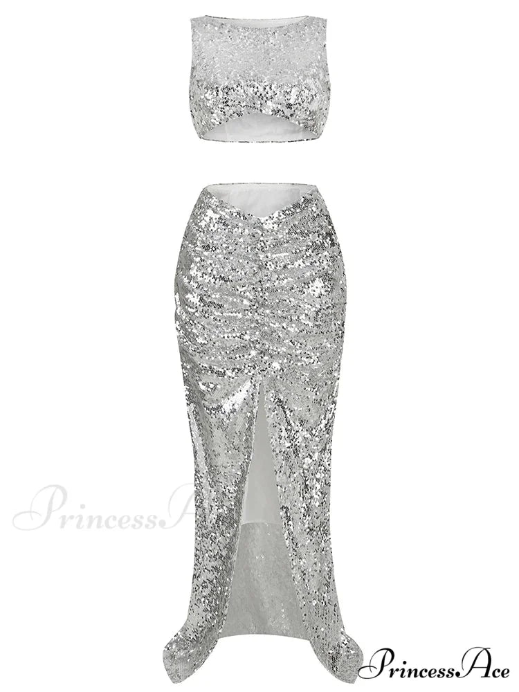 New Summer Silver Fashion Sequins Two-Piece Set Sleeveless Skirt Christmas Party Dress