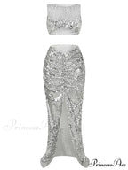 New Summer Silver Fashion Sequins Two-Piece Set Sleeveless Skirt Christmas Party Dress