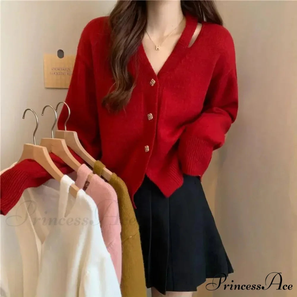 New V-Neck Button Red Knit Tops Stylish Knitwear Christmas Sweater
