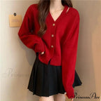 New V-Neck Button Red Knit Tops Stylish Knitwear Christmas Sweater