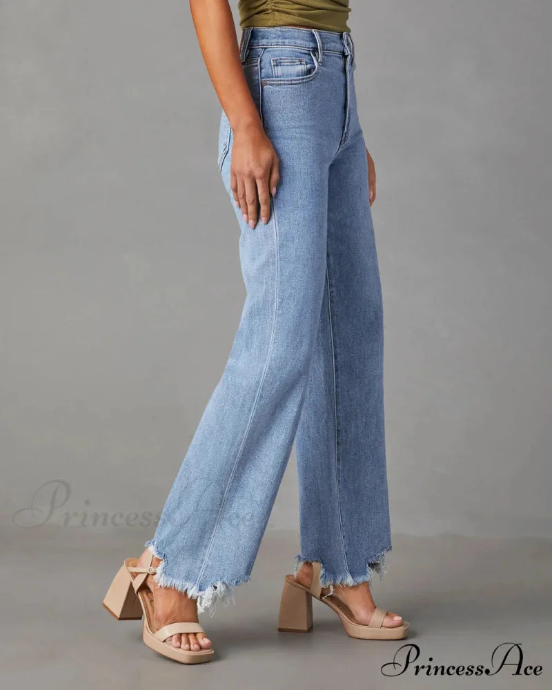 New Women's Women Simple Casual High Waist Wide-leg Trousers Irregular Tassels Women Streetwear All-match Female Pant Jean