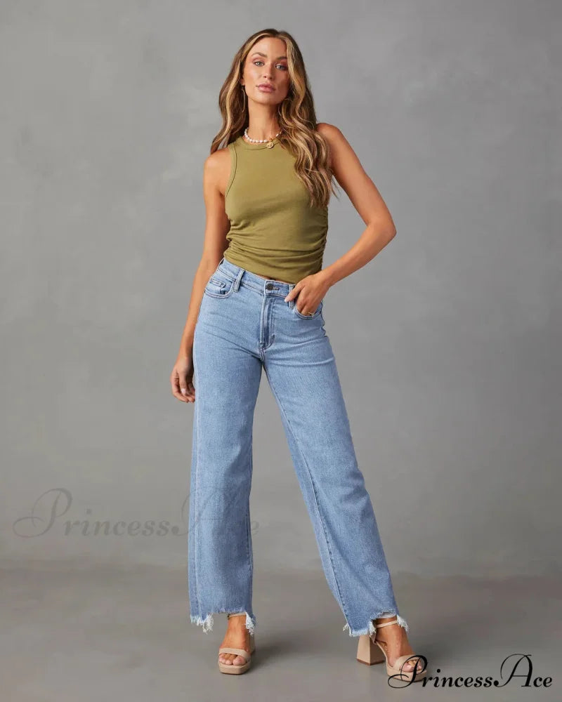 New Women's Women Simple Casual High Waist Wide-leg Trousers Irregular Tassels Women Streetwear All-match Female Pant Jean