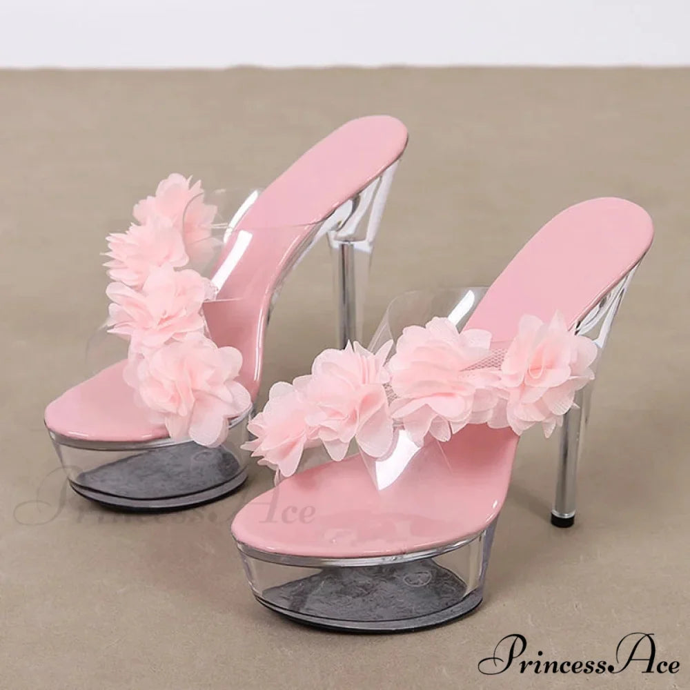 NewFashion Pink Floral Pvc Transparent Super-High Platform Sexy Peep-Toe Slipper High Heel