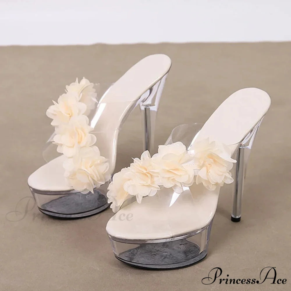 NewFashion Pink Floral Pvc Transparent Super-High Platform Sexy Peep-Toe Slipper High Heel