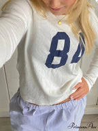 Number Printed Slim O-Neck Extended Sleeve Knit Top