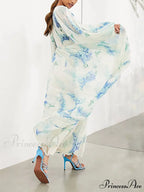 Ocean Flower Chiffon Floral Graceful Drawstring Waist Maxi Dress