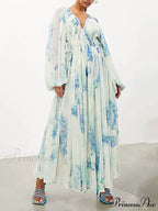 Ocean Flower Chiffon Floral Graceful Drawstring Waist Maxi Dress