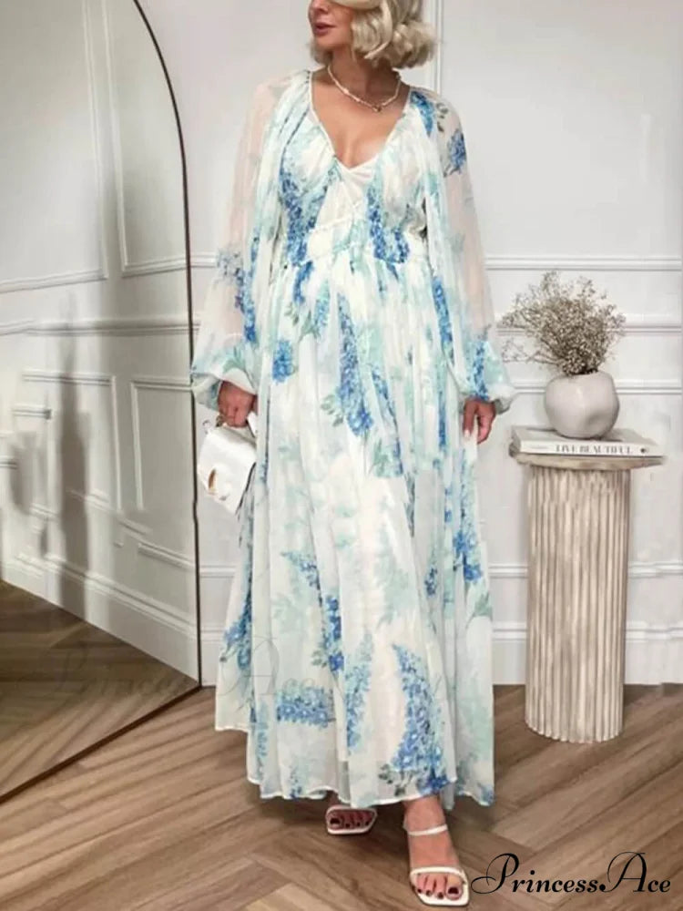 Ocean Flower Chiffon Floral Graceful Drawstring Waist Maxi Dress