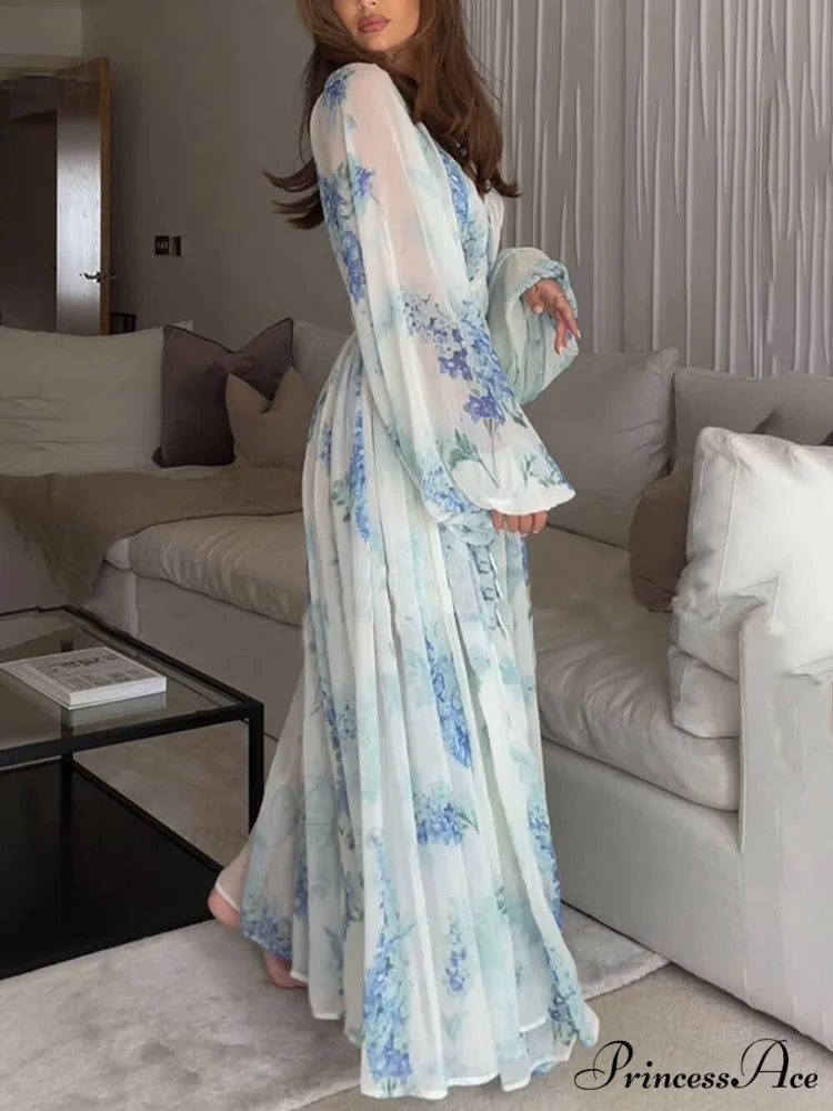 Ocean Flower Chiffon Floral Graceful Drawstring Waist Maxi Dress