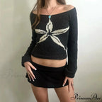 Off Shoulder Artistic Design Sweater Extended Sleeve Knit Top Women