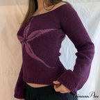 Off Shoulder Artistic Design Sweater Extended Sleeve Knit Top Women